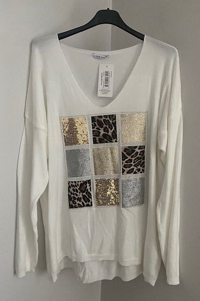 AYASOFYA OTANTIK Ecru V-Neck Loose Oversize Knitwear Blouse - Long Sleeve