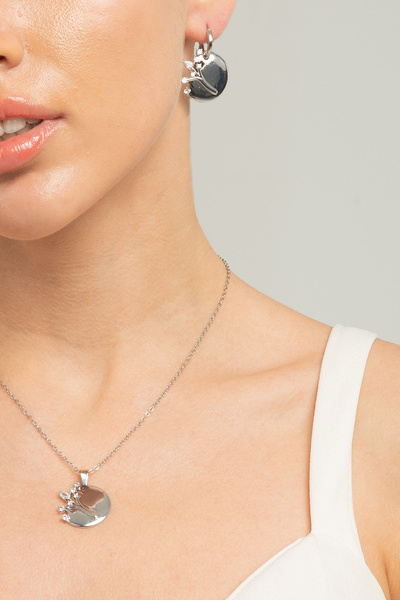 Lina Tia Kadın Gül Çiçek Figür Model Zirkon Taşlı Çelik Gümüş Kaplama Su Yolu Kolye Küpe Kombin Takı Seti