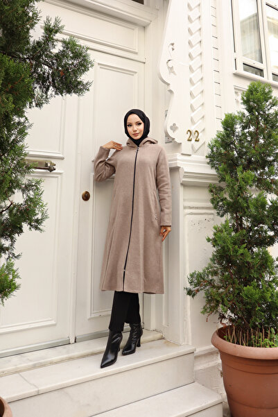 new ats Hooded Zippered Pocket Cashew Coat