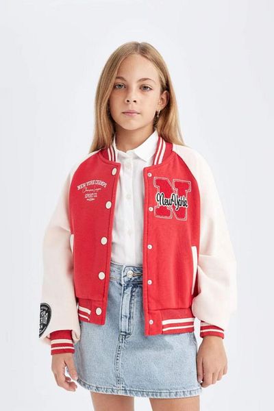 DeFacto Girl's Soft Feather Embroidered College Collar Bomber Cardigan - D1938A824Au