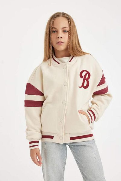 DeFacto Girl's Soft Feather Bomber Cardigan - College Collar, Pocket and Printed D2624A824Au