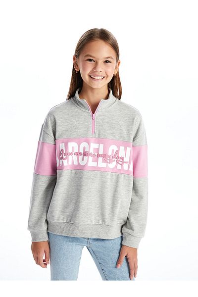 LC Waikiki Μακρυμάνικο κοριτσίστικο φούτερ LCW Kids Grey Stand γιακά