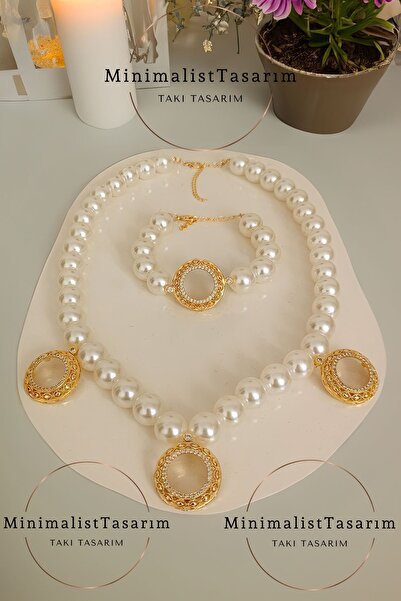 MinimalistTasarım Çeyrekli Bileklik Set İncili Çeyrek Bileklik ,İncili Çeyrekli Bileklik ,Çeyrek Altın Kolye