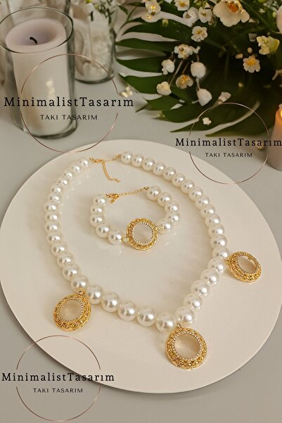 MinimalistTasarım Çeyrekli Bileklik Set İncili Çeyrek Bileklik ,İncili Çeyrekli Bileklik ,Çeyrek Altın Kolye