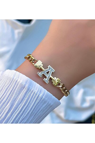 Çelik Arya jewelry 316L kararma yapmaz kadın Çelik zirkon taşlı harf bileklik -A- harfi