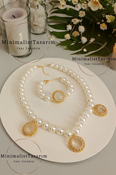 MinimalistTasarım Çeyrekli Bileklik Set İncili Çeyrek Bileklik ,İncili Çeyrekli Bileklik ,Çeyrek Altın Kolye