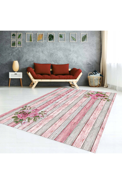 AACAP Pembe Çiçekli, Parke Görünümlü Kadife Lastikli Halı Örtüsü