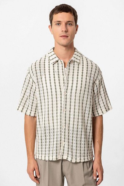 Antioch Khaki Striped Knitted Short Sleeve Men's Shirt