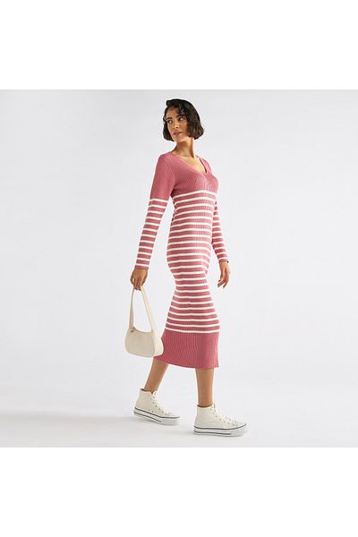 FAV Striped V-neck Dress with Long Sleeves
