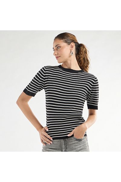 FAV Striped High Neck T-shirt with Short Sleeves