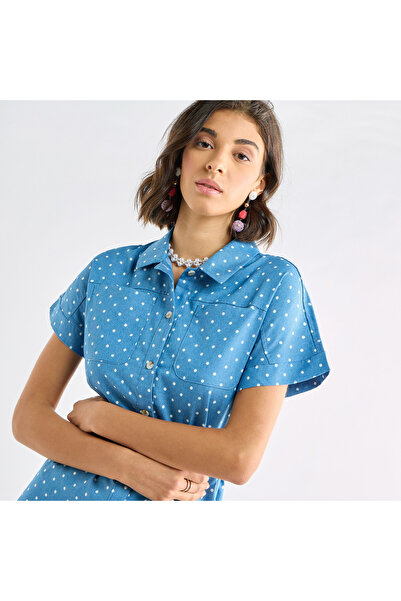 FAV Polka Dot Print Shirt Dress with Pockets and Tie-Up Detail