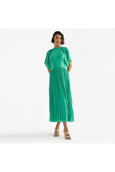 FAV Pleated Maxi Dress with Ruffle Sleeves