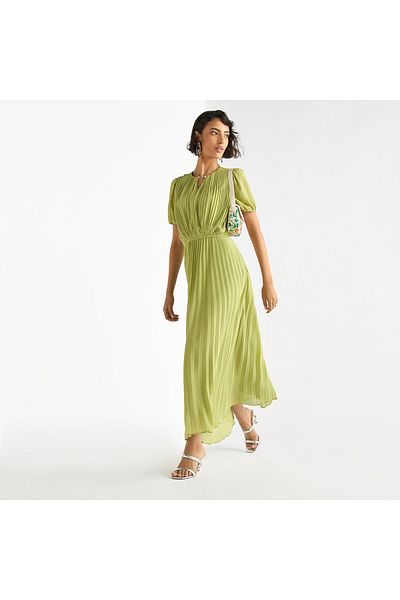 FAV Pleated Keyhole Neck Dress with Puff Sleeves