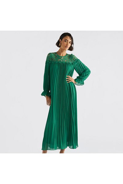 FAV Pleated Lace Detail Maxi Dress with Long Sleeves