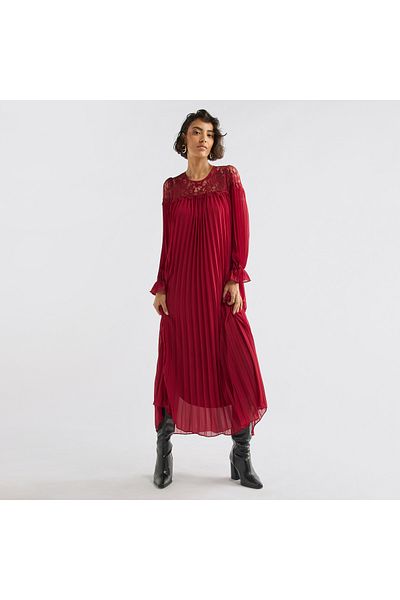 FAV Pleated Lace Detail Maxi Dress with Long Sleeves