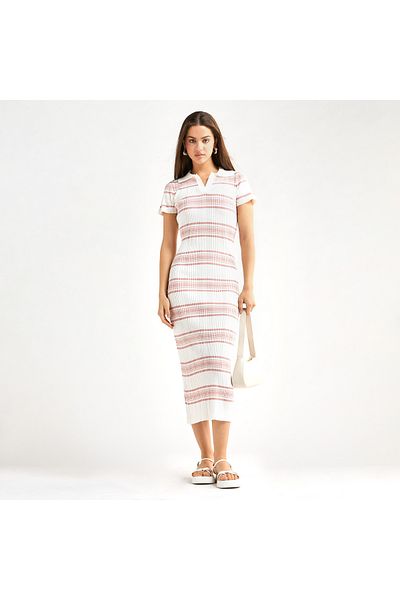 FAV Striped Collared Bodycon Dress with Short Sleeves