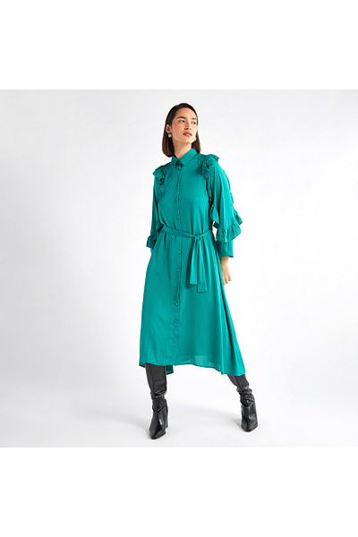 FAV Striped Asymmetric Midi Dress with Ruffle Sleeves