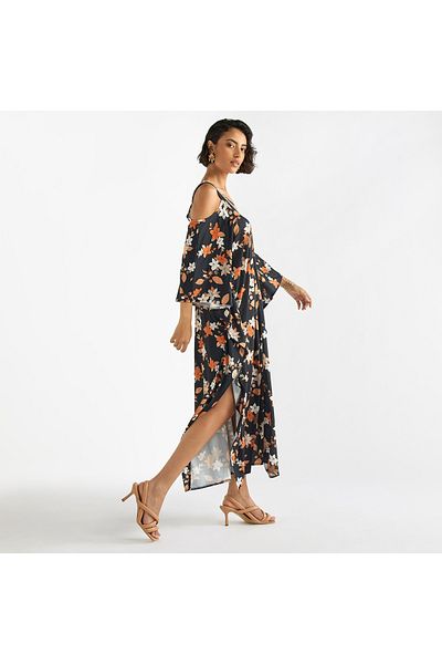 FAV Floral Print V-neck Maxi Dress with Cold Shoulder Sleeves