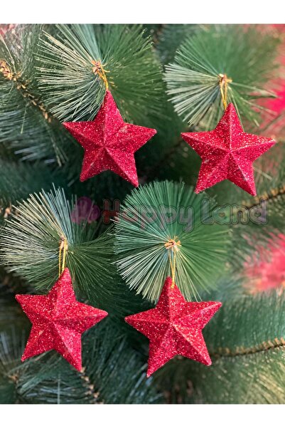 Happyland Yılbaşı Ağacı Süsü 4'lü Kırmızı Renkli Yıldız Süs 7 cm