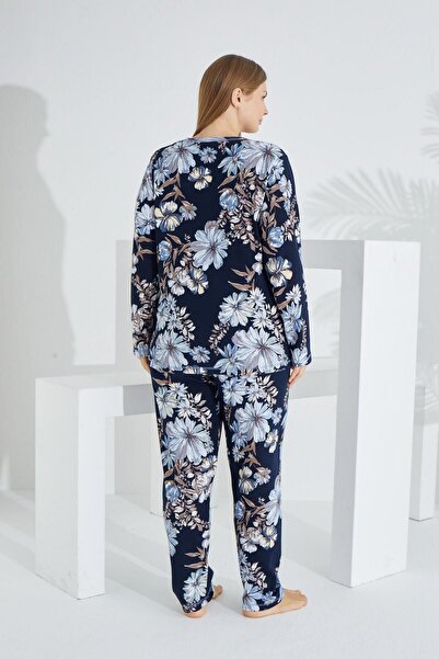 Etoile LACİVERT Квітковий великий розмір бавовняний жіночий піжамний комплект - довгий рукав
