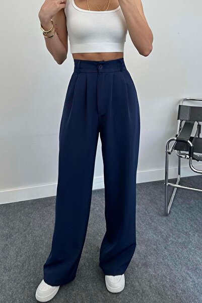 trendalisse Navy Blue Palazzo Fabric - Wide Leg Pleated Women's Trousers