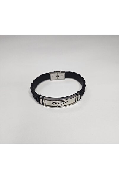 stainless steell Erkek Siyah Örgü Deri Gümüş Detaylı Bileklik