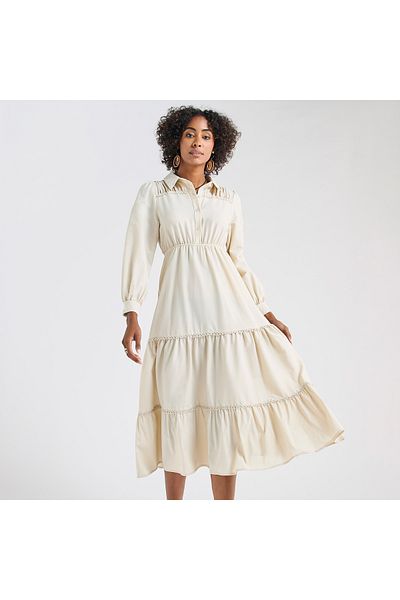 FAV Solid Tiered Midi Dress with Puff Sleeves and Collar