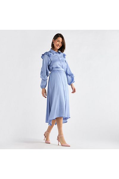 FAV Striped Asymmetric Midi Dress with Ruffle Sleeves