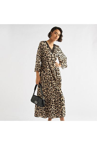 FAV All-Over Animal Print Tiered Midi Dress with Lace Detail and 3/4 Sleeves