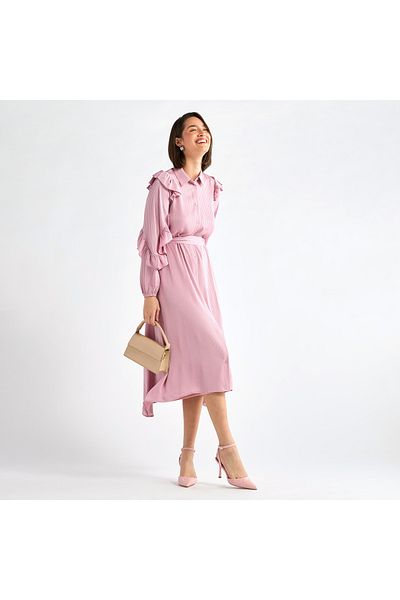 FAV Striped Asymmetric Midi Dress with Ruffle Sleeves