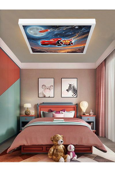 Gökyüzü Panel Lightning Mcqueen Chandelier, 60X60 Children's Room Chandelier, 60Watt, Aesthetic Square, Artificial Intelligence Design Chandelier,