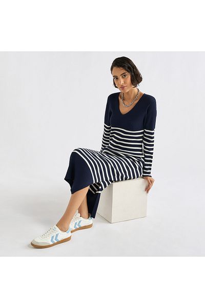 FAV Striped V-neck Dress with Long Sleeves