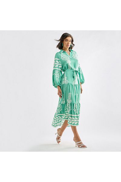 FAV Printed Midi Shirt Dress with Long Sleeves and Tie-Up Belt