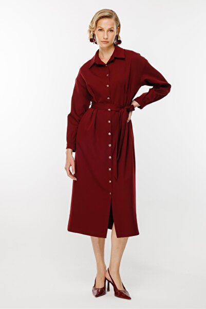 accort Düğmeli ve Beli Kuşaklı Elbise-BORDO