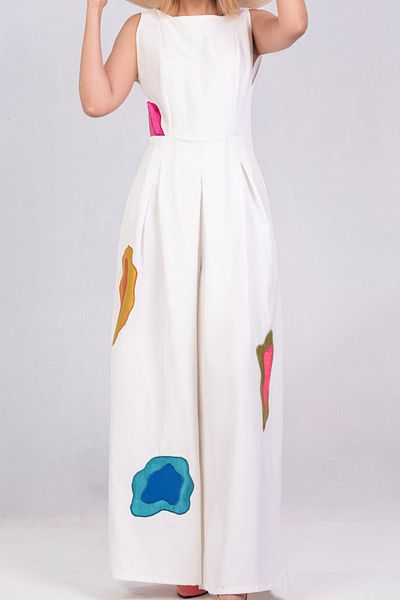 Gereh Style White Crepe Jumpsuit - Special Design, Bohemian Colored Embroidery Detail