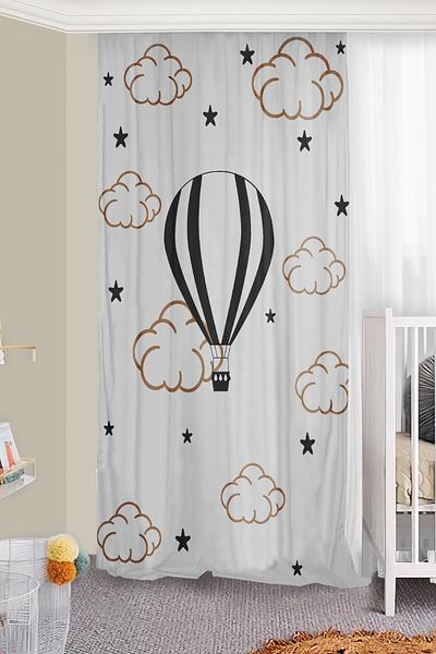 Bebişim Halı Double Winged Children's Room Background Curtain with Cloudy Balloon