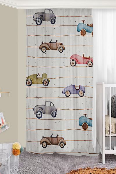 Bebişim Halı Cute Cars Double Winged Children's Room Background Curtain