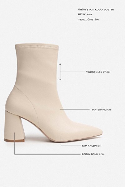 NİŞANTAŞI SHOES Dámské kozačky na podpatku Dustin Béžový matný zip se špičatou špičkou