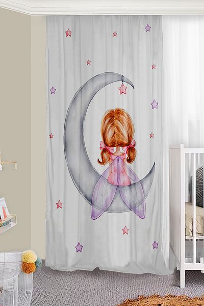 Bebişim Halı Cute Girl Sitting on the Moon Double Winged Children's Room Background Curtain