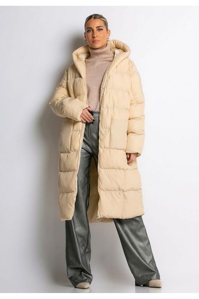 moda armanc Palton lung puf cu glugă bej pentru femei