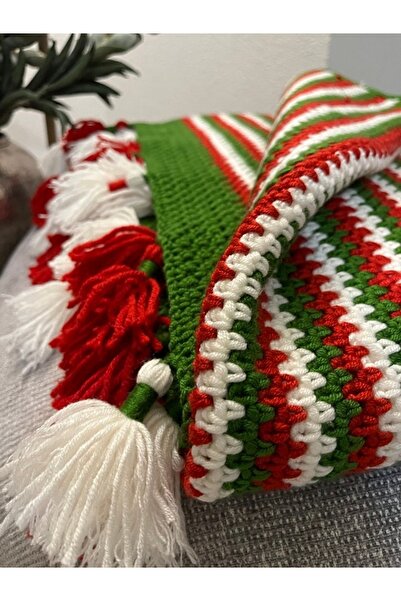 MSS ATALIER örme ,püsküllü Koltuk şalı, Tv Battaniyesi,yılbaşı hediyelik,salo...