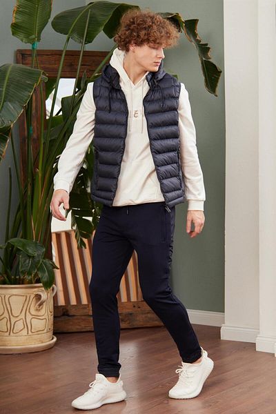 Danger Vestă cu glugă detașabilă pentru bărbați Standard Mold Puffer, bleumarin
