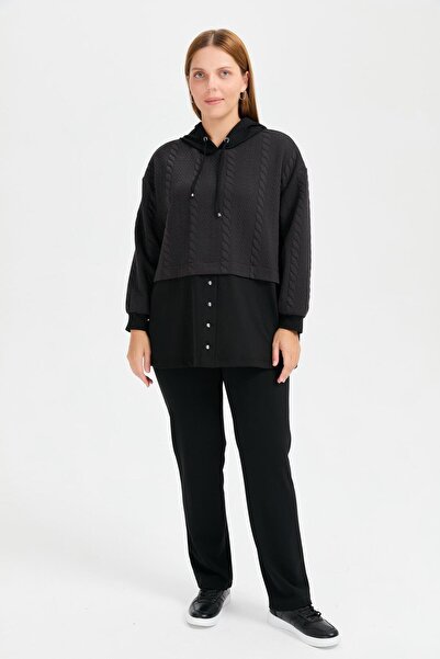 accort Büyük Beden Kapüşonlu Saç Örgü Tunik-SİYAH