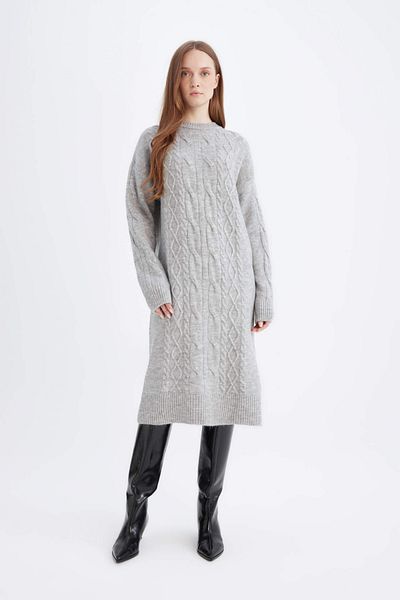 DeFacto Μαλλιά πλεξούδα στάμπα Crew Neck Midi Πλεκτό Φόρεμα - Κανονική Εφαρμογή, Μακρύ μανίκι Y2073az24wn