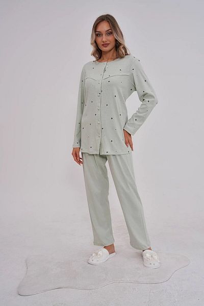 CT MODA Women's Green Buttoned 100% Cotton Winter Plus Size (Oversize) Long Sleeve Pajamas Set