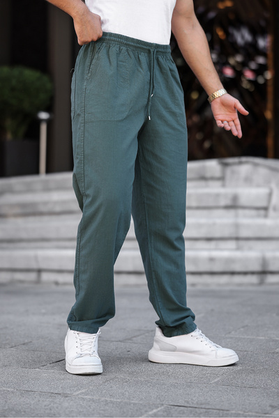 MY VİNTAGE Erkek PantolonYazlık Keten Karışımı Haki Renk Erkek Pantolon