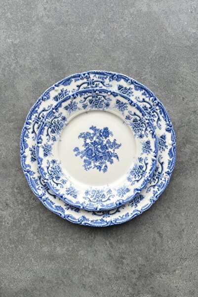 porselenden Antique Baby Blue 24 Parça 6 Kişilik Premium Porselen Yemek Takımı Özel Vintage Mavi Çiçek