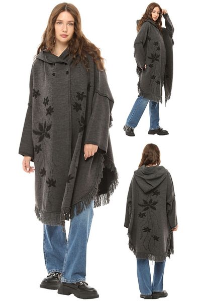 marufshop Women's Large Size Tassel Detailed Hooded Winter Thick Daisy Patterned Poncho