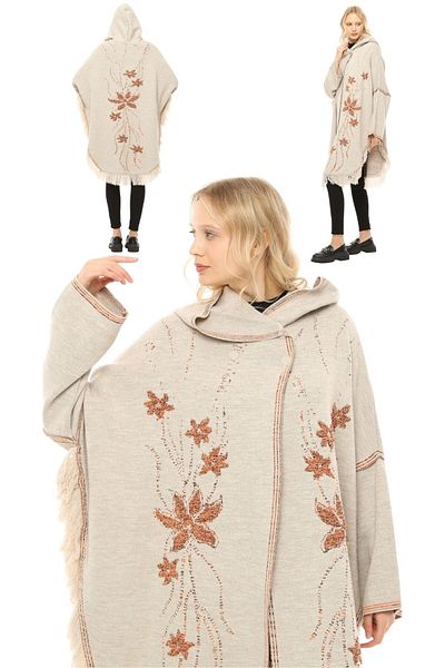 marufshop Women's Large Size Tassel Detailed Hooded Winter Thick Daisy Patterned Poncho