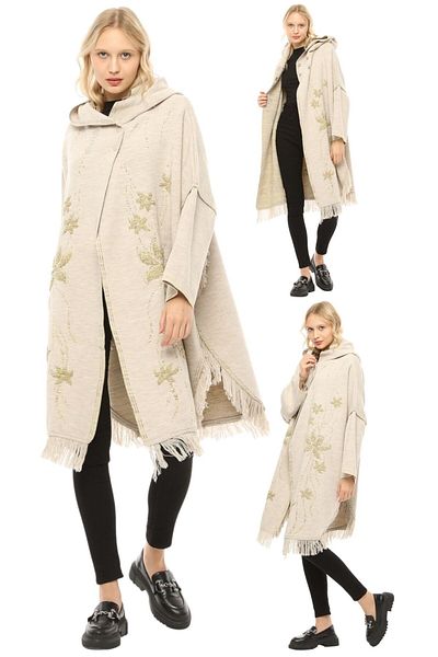 marufshop Women's Large Size Tassel Detailed Hooded Winter Thick Daisy Patterned Poncho